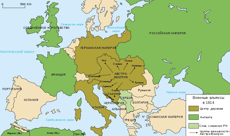 Карта стран Антанты и Тройственного союза